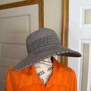 Nine West Womens Black White Woven Wide Brim Floppy Sun Hat O/S RN67508